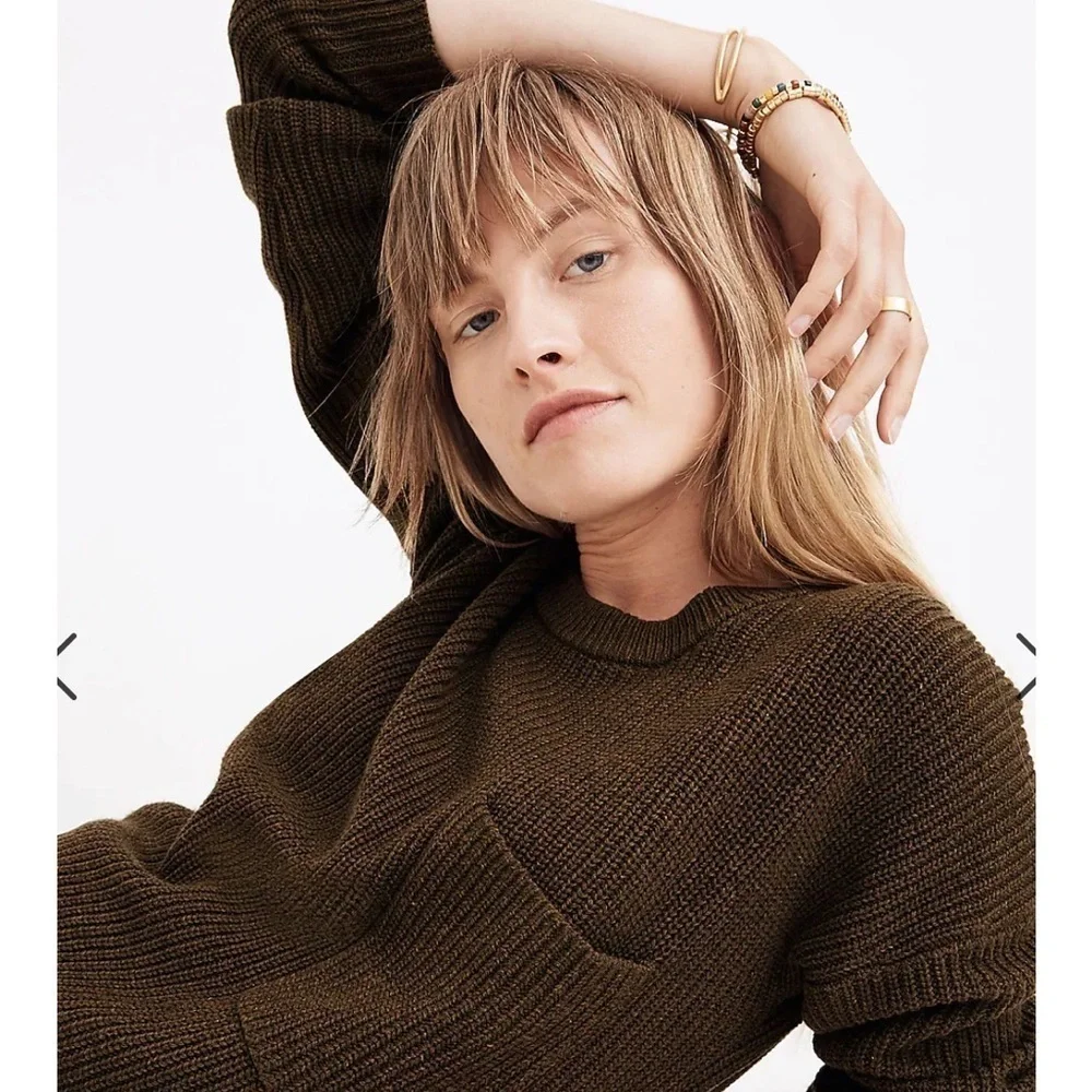 Madewell Thompson Pocket Pullover Sweater Dark Olive Green Oversized Ribbed M
